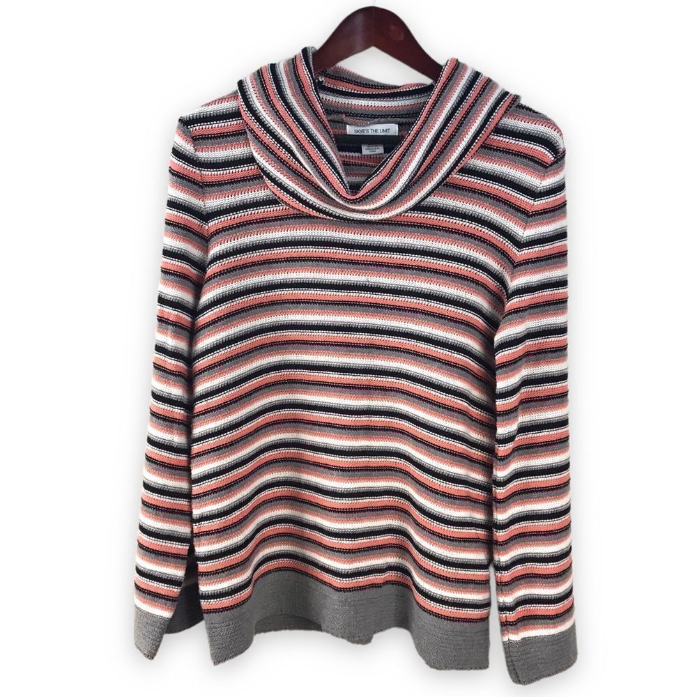 Skye’s The Limit Size L Flare Sleeve Knit Cowl Sweater Black Peach Stripe Chunky